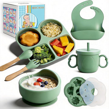 Feeding Set, Baby Led Weaning Supplies, Baby Food Tableware Silicone Suction Plate, Bowl, Spoons, Fork, Waterproof