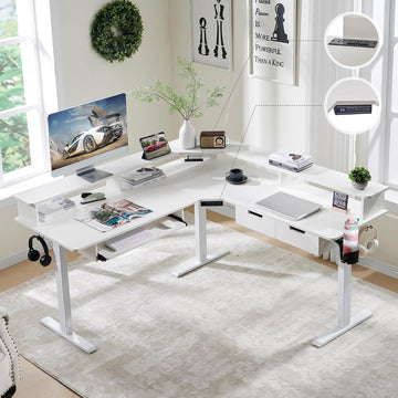 60 Inches L Shaped Electric Standing Desk 2 Tier, Antique White | Height Adjustable Corner Gaming Desk with Drawer
