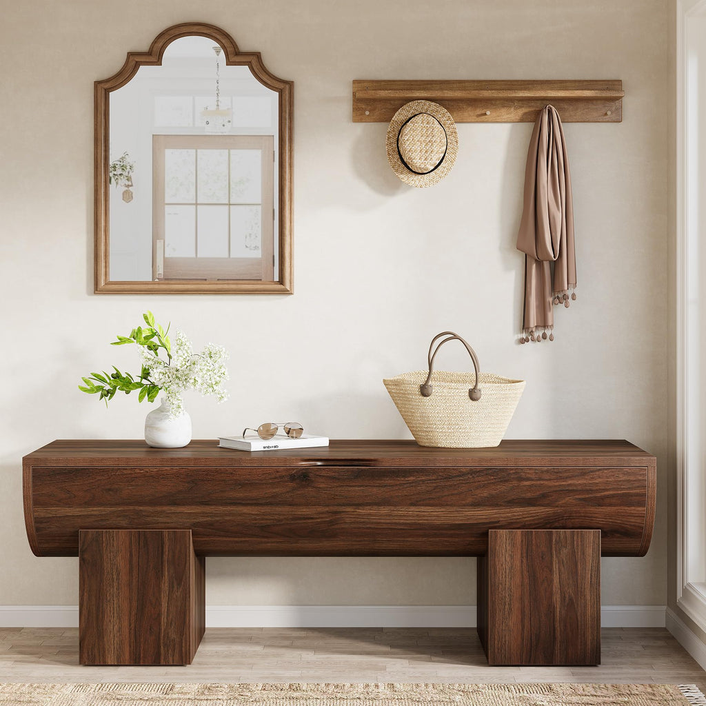 55" Storage Bench with 2 Safety Hinges, Farmhouse Shoe Bench with Flip-Top Storage, Supports 350 lb and Easy Assembly