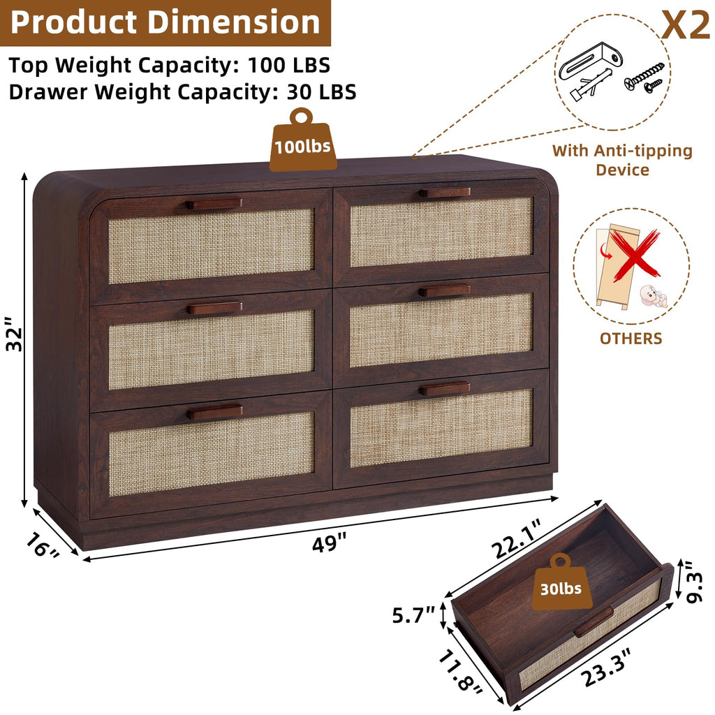 Rattan 6 Drawer Dresser, Walnut