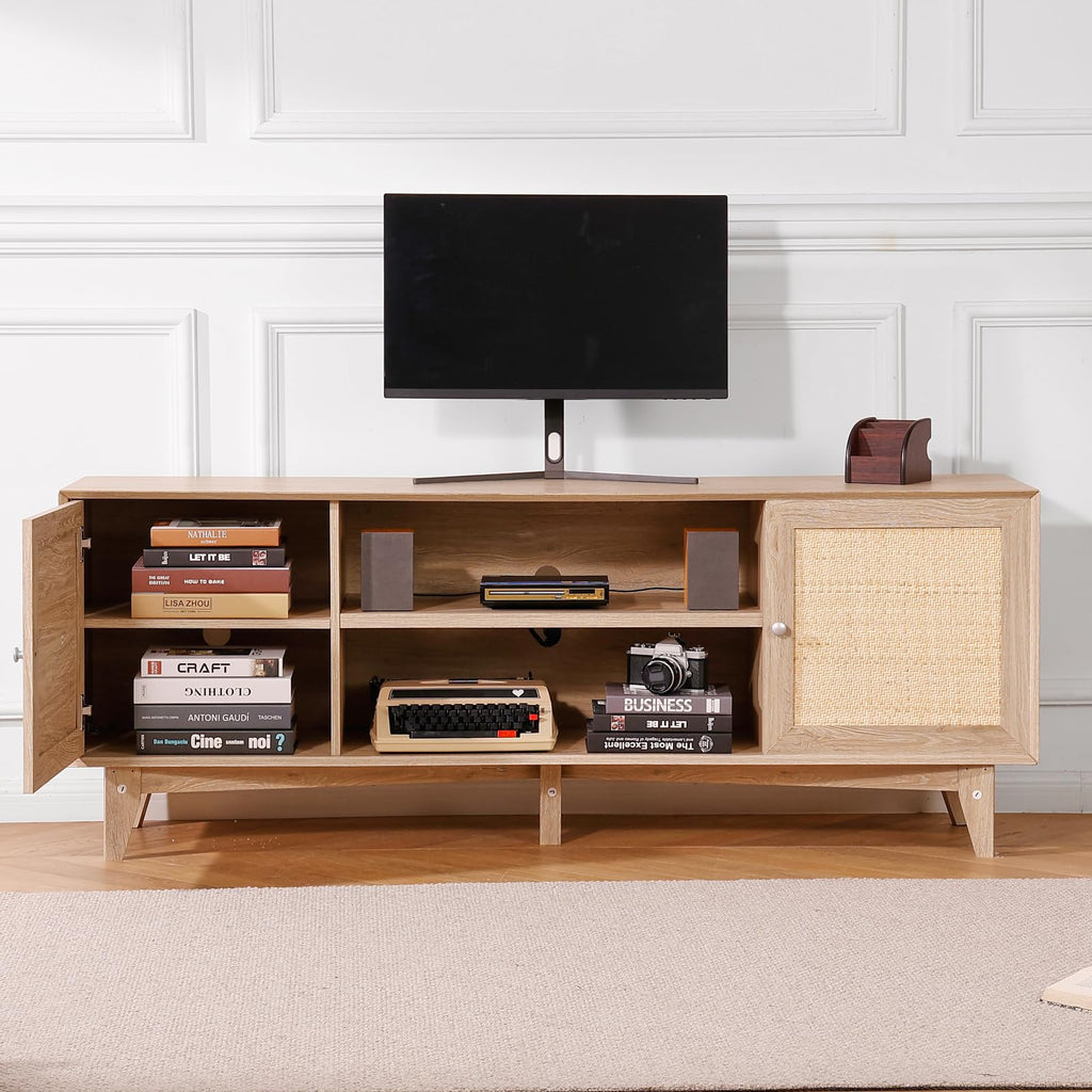 Rattan TV Stand, Mid Century Modern TV Stand for 75 inch TV, Boho Rattan TV Cabinet with Build-in Socket and USB