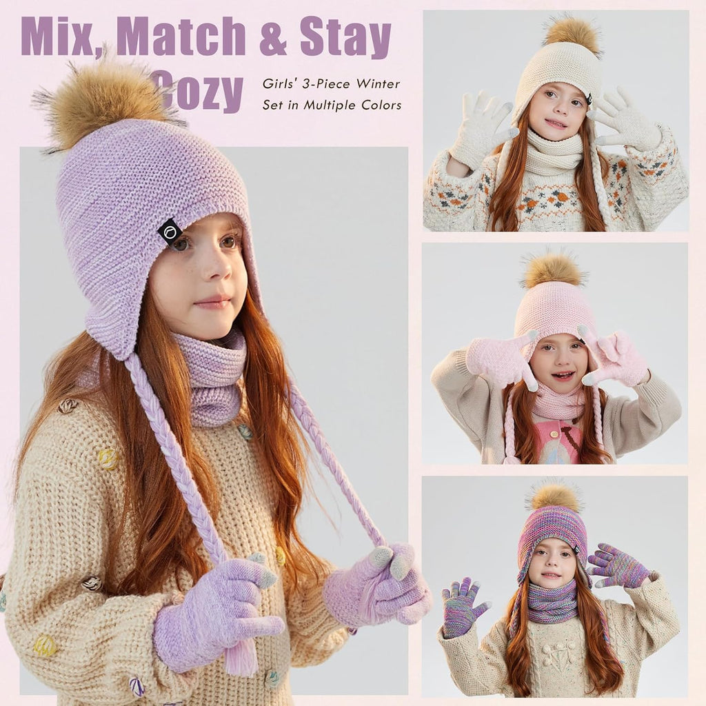 Kids Winter Hat Gloves Scarf Set Warm Earflaps Soft Fleece Lined