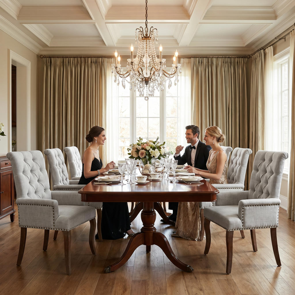 Upholstered Chenille Fabric Dining Chairs with Arms Set of 6, Tufted High Back Dining Room Chairs with Curved