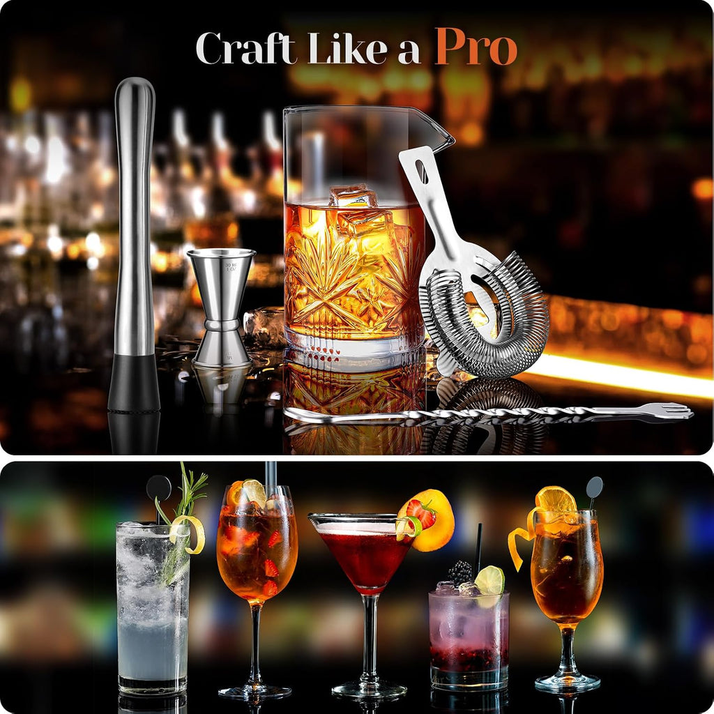 Cocktail Mixing Glass, 18oz Crystal Bartender Kit, Bar Mixing Glass Old Fashioned Cocktail Kit with Strainer - Set of 5