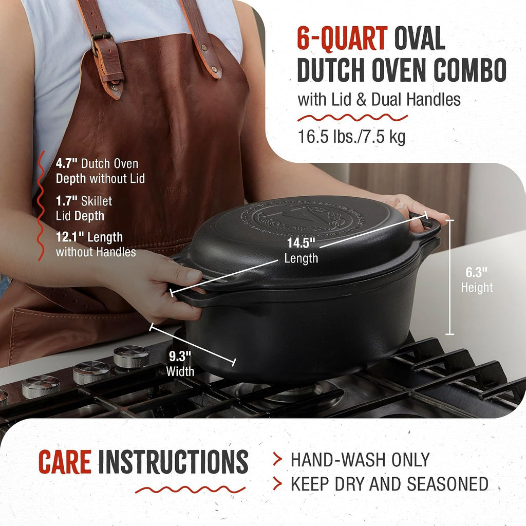 6-Quart Cast Iron Oval Dutch Oven, Combination Combo Cooker Pot and Skillet, Bread Baker, Colombia, 2-Piece Set |