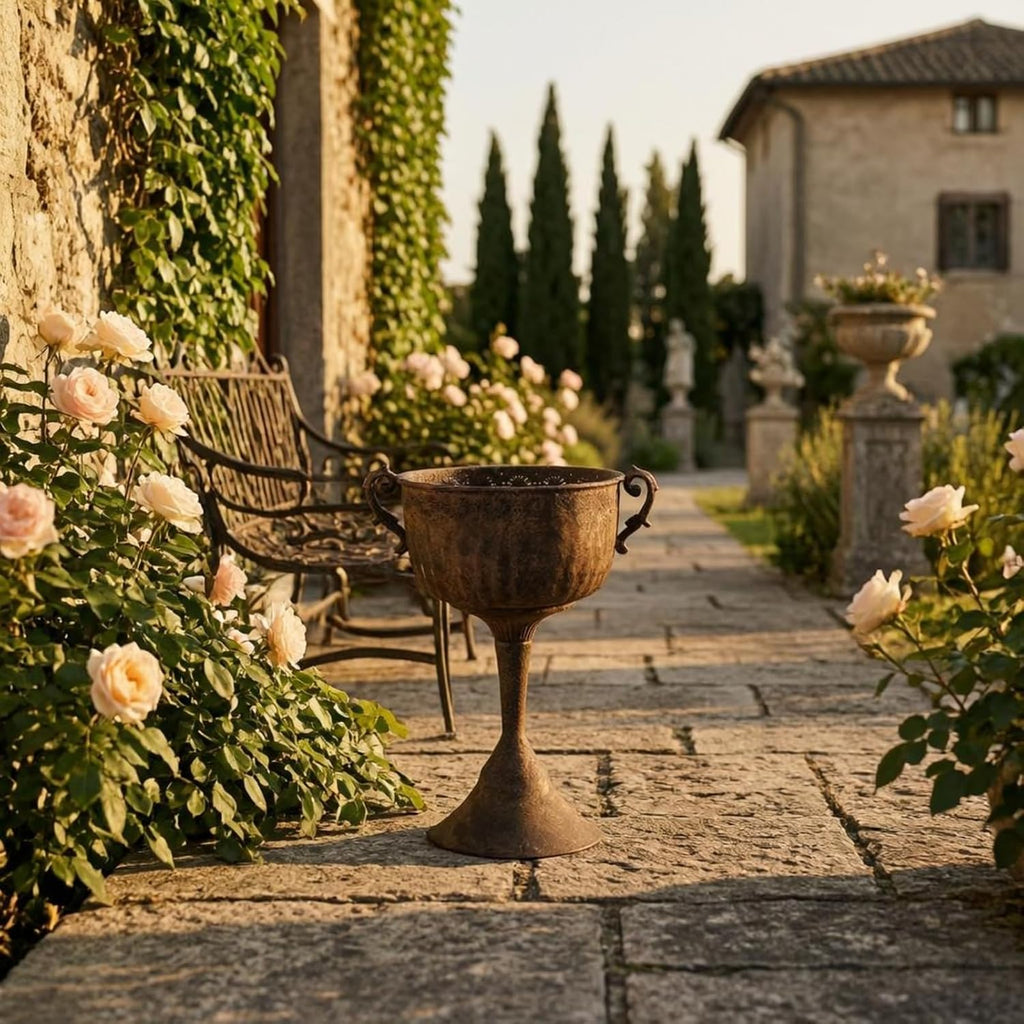 Outdoor Trophy Planter Urn Planter Pedestal Planter Flower Planter with Stone Like Brown Finish and Embossed Band