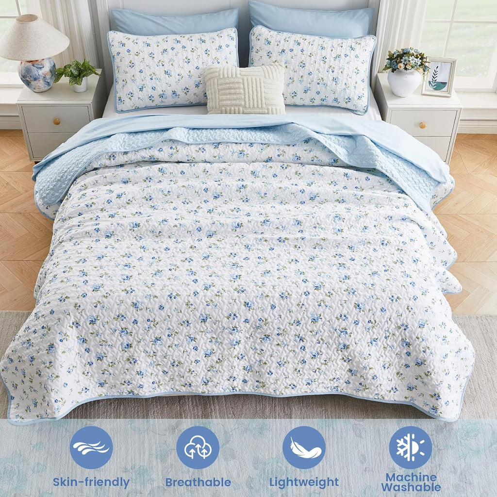 Oversized King Quilt Set 128x120 Blue Floral Extra Wide Super King Quilted Bedspread Coverlet 3-Piece Garden Style
