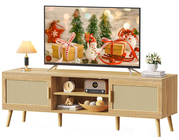 Boho TV Stand for 65 Inch TV, Entertainment Center with Adjustable Shelf, Rattan TV Console with 2 Cabinets, Media
