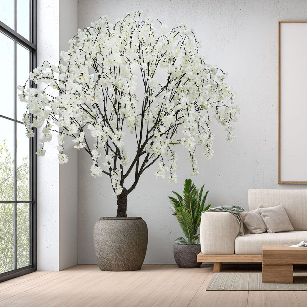 Artificial White Cherry Blossom Tree, 7 Ft Tall Indoor Faux Plant with Cascading Branches, Potted Decorative Tree