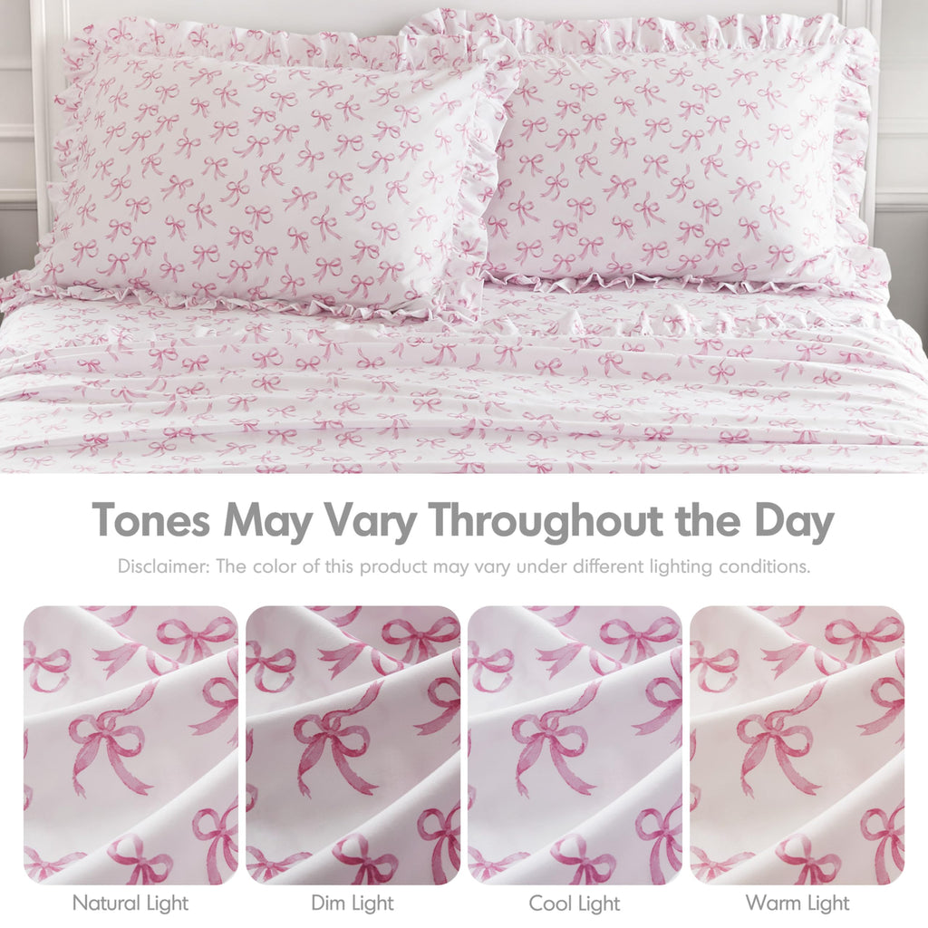 Bow Ruffle Sheet Set 4 Piece, White/Pink