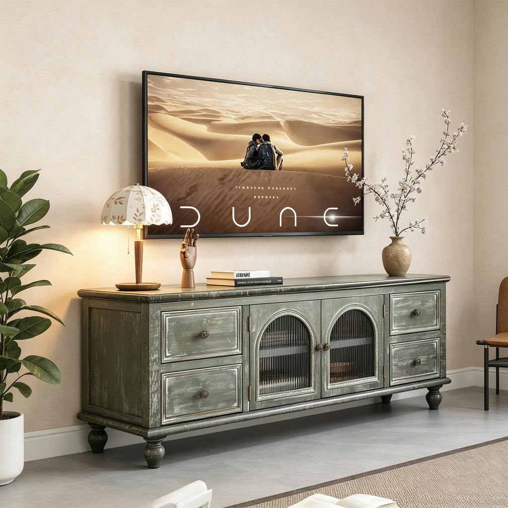 60" Solid Wood TV Stand, Media Console with Glass Doors & Drawers