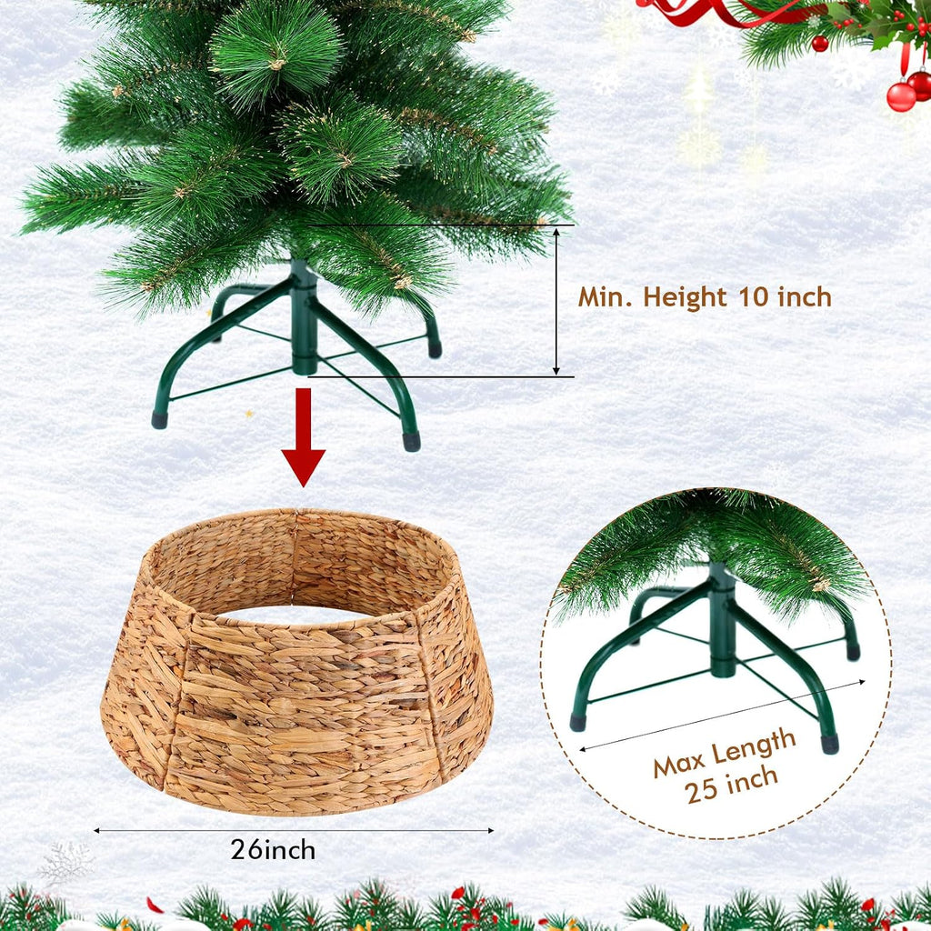 26 Inch Christmas Tree Collar Basket, Large Woven Hyacinth Rustic Christmas Tree Base Cover Skirt for Holiday