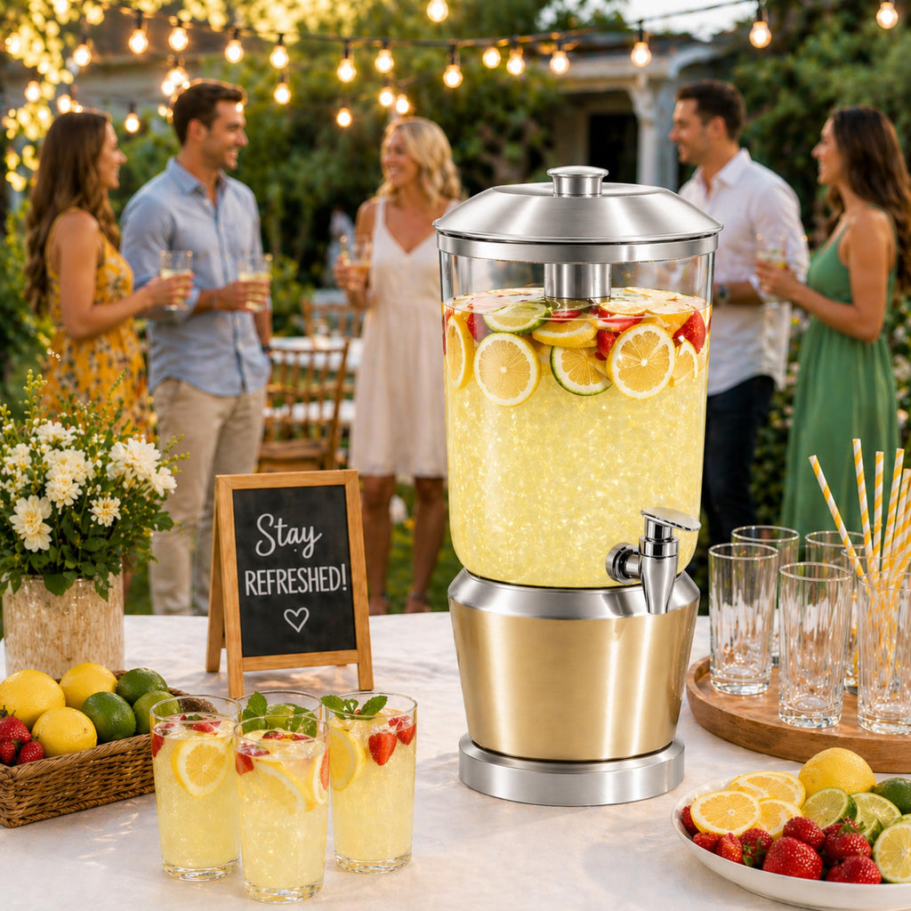 Drink Dispenser with Ice Chambers, Lemonade Tea Water Dispenser with Spigot, Stainless Steel Beverage Jar Jug
