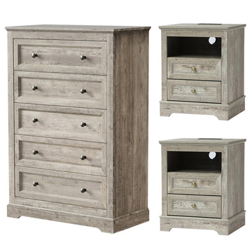 Farmhouse Bedroom Set, 3 Pcs and Nightstand Sets, 5 Drawer & 2 Drawer Nightstand Set with Charging Station, Rustic