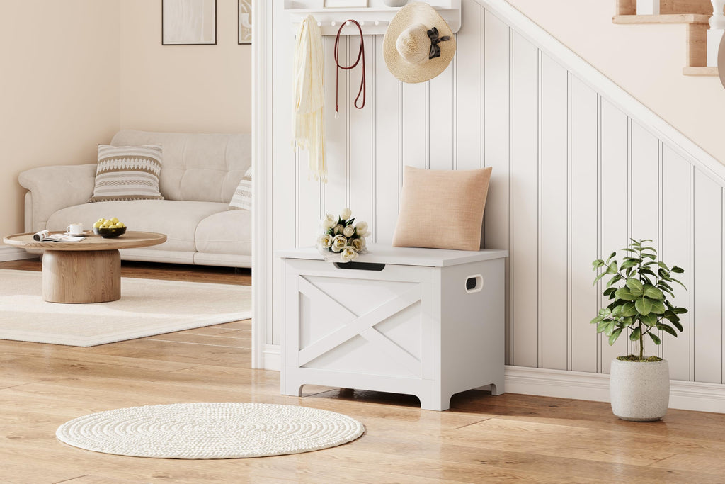 Farmhouse Style Wooden Storage Bench - 23.6" Chest with Safety Hinge, U-Shaped Handle, X-Shaped Design, 300 lbs