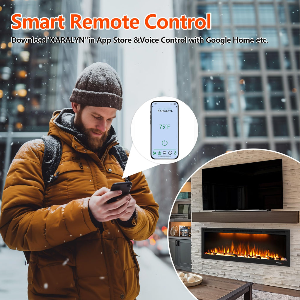 74 inch Electric Fireplace, Smart Fireplace Insert recessed in Wall and Wall Mounted fire Place Heater with Metal