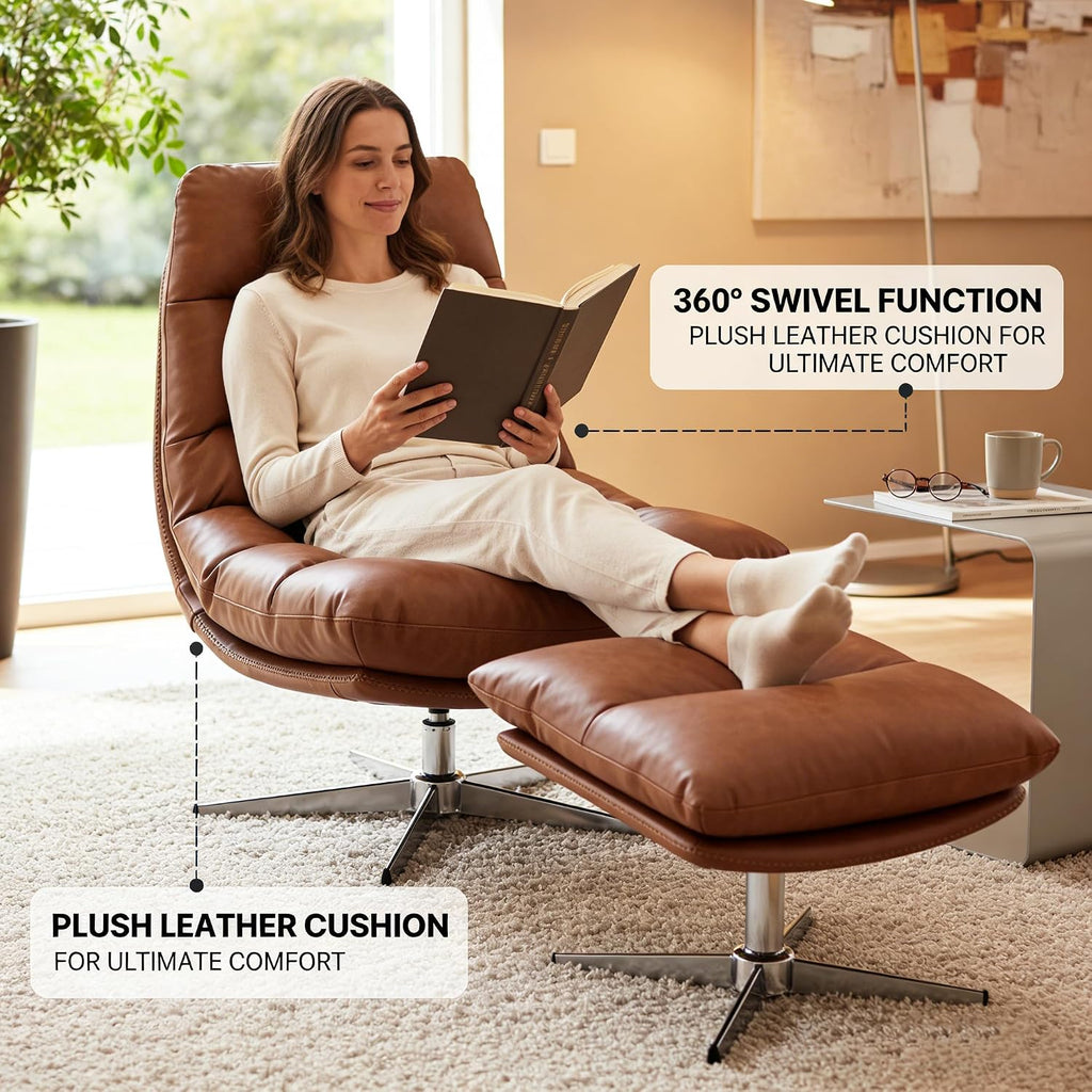 Brown Swivel Lounge Chair with Ottoman Modern PU Leather Accent Chair with Footrest 33'' Wide Oversized Armless