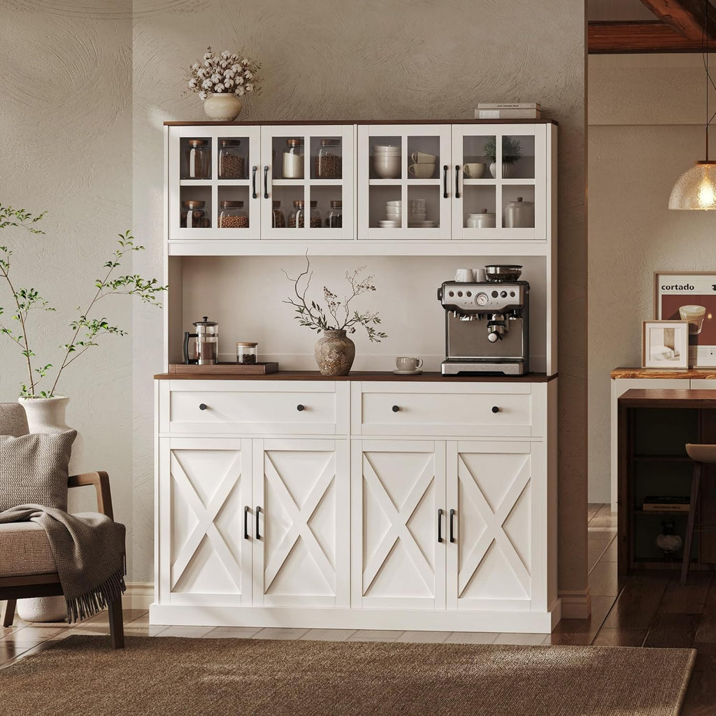 71''H x 55.1''W Pantry Cabinet with Charging Station, 4 Wide Cabinets Kitchen Pantry with 2 Drawers, Farmhouse Hutch