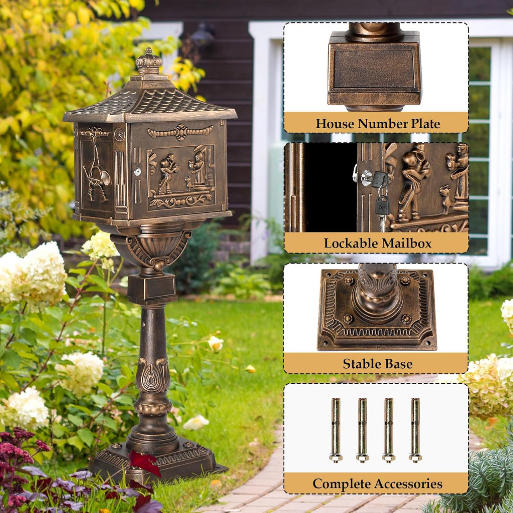 Cast Aluminum Mailbox, Locking Residential Mailboxes with Keys, Rust-Proof Large Security Postal Mailbox (Bronze)
