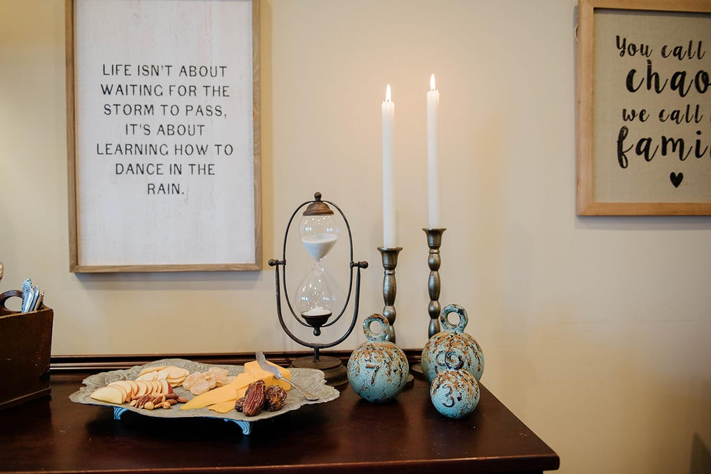 Decorative Rust Color Metal Hourglass with White Sand, Clear Glass and Black