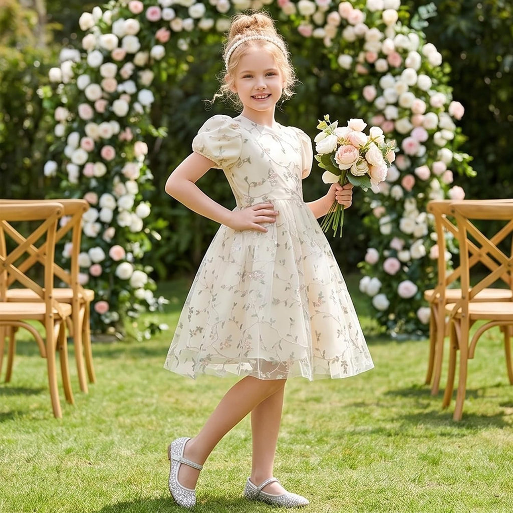 Kids Girls Short Sleeve Embroidery Floral Lace Tulle Dress