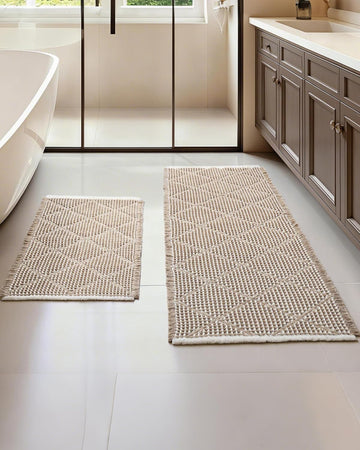 Waffle Bath Mat Set, Non Slip Bathroom Rugs 2 Piece, Brown & White | Ultra Absorbent Long Bath Rug Runner Boho Chic