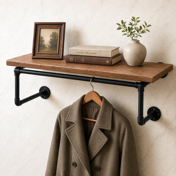 36 Inch Industrial Pipe Wall Clothing Rack with Shelves, Solid Wood, Black