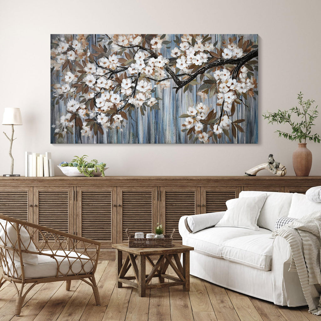 Large Canvas Wall Art Wall Decor Abstract White Flower Tree with Gray Driftwood Picture Modern Framed Canvas Prints