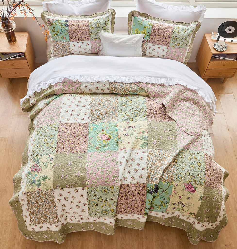 Green Patchwork Quilts Cotton Vintage Coverlet 3PC