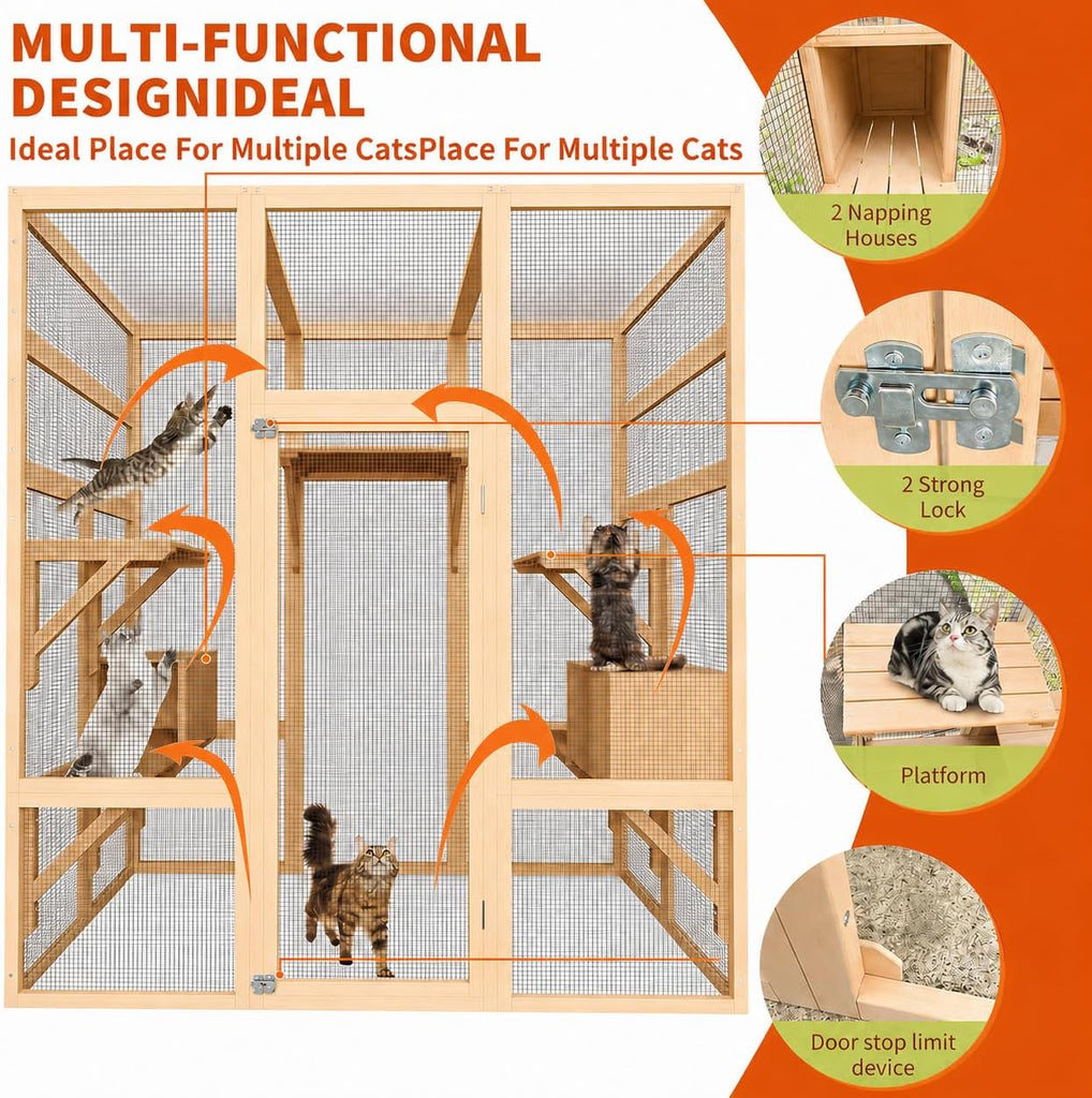 70" Large Catio Indoor Cat Enclosure, Wooden Patio Cat House, Natural