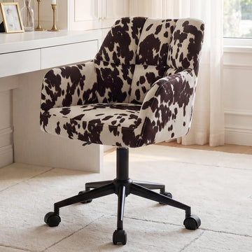 Cow Print Desk Chair Velvet Office Chair, 360° Swivel Work Chair with Mid Back Support Armrest, Adjustable-Height