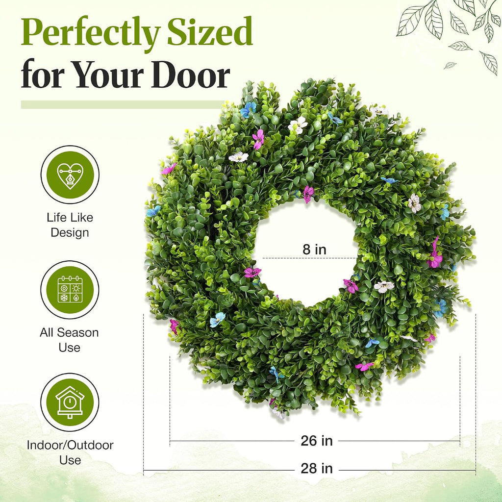 28-inch Artificial Boxwood Wreath, Wreaths for Front Door,Artificial Greenery Decor, Evergreen All Year Round