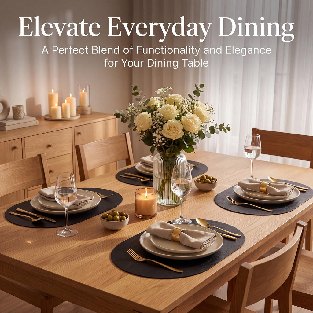Oval Placemats Set of 4, Wipeable Faux Leather, Black