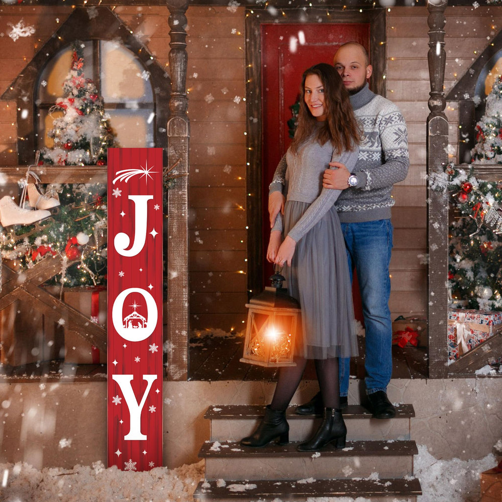 47 Inch Christmas Porch Sign, Large Vertical JOY Wooden Welcome Sign with Snowflakes, 3-Panel Farmhouse Front Door