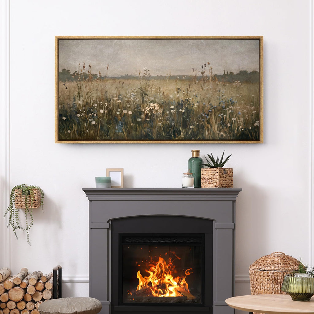 Extra Large Framed Canvas Print Wall Art Wildflower Meadow Soft Vintage Pastoral Landscape Illustrations Modern Art