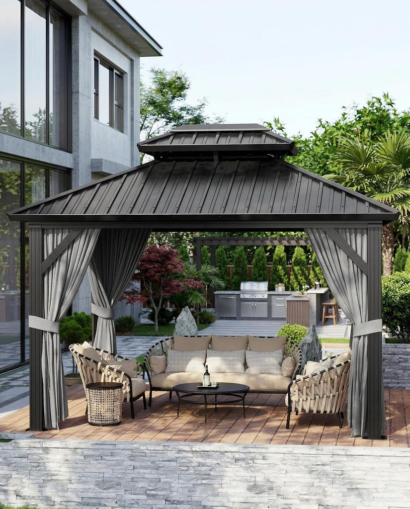 10x12 FT Hardtop Gazebo with Curtains and Netting, Galvanized Steel Double Vented Roof