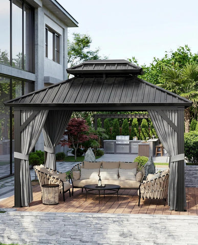 10x12 FT Hardtop Gazebo with Curtains and Netting, Galvanized Steel Double Vented Roof