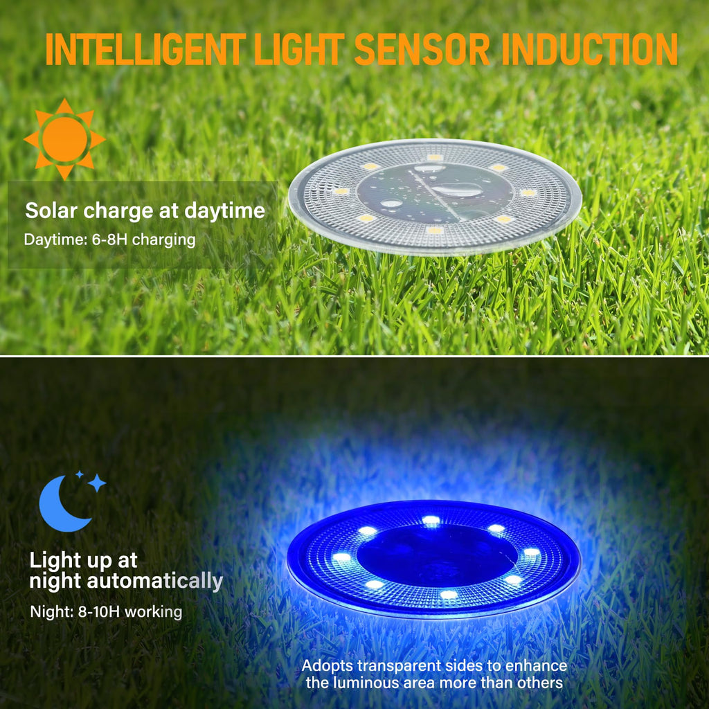 Solar Ground Lights 8 Pack, IP68 Waterproof Solar In-Ground Light for Outdoor, Flat Landscape Lighting, Garden Disc