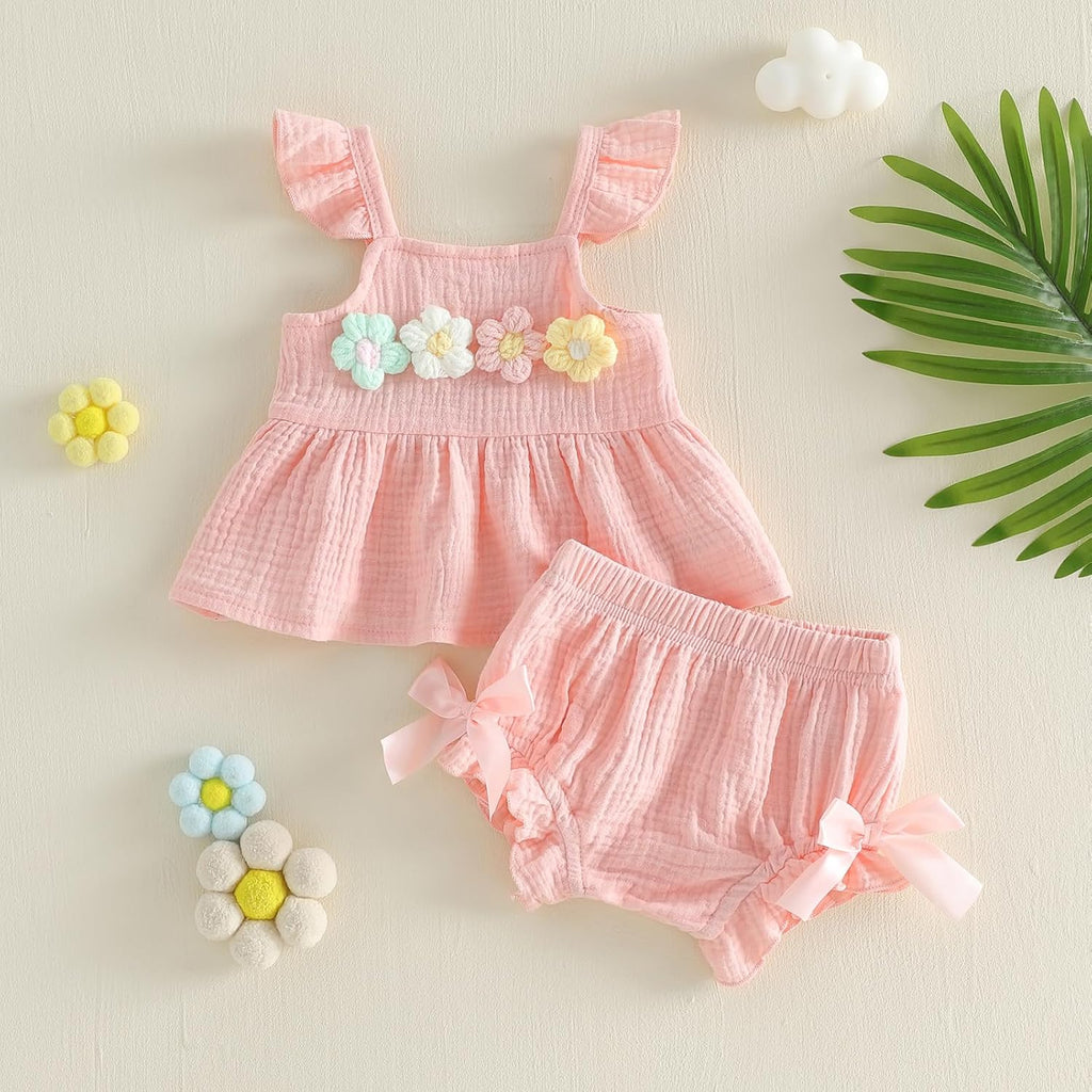 Newborn Girl Clothes Baby Summer Outfit 3D Floral Fly Sleeve Ruffle Tank Tops Matching Cute Bow Shorts Outfits Set