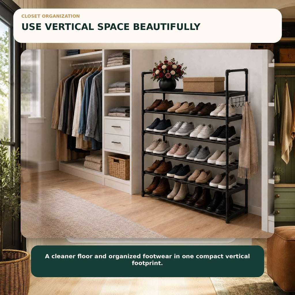 6 Tiers Metal Shoe Rack, Adjustable Shoe Shelf Storage Organizer with Hooks, Stackable Boot & Shoe Storage, Closet, Black