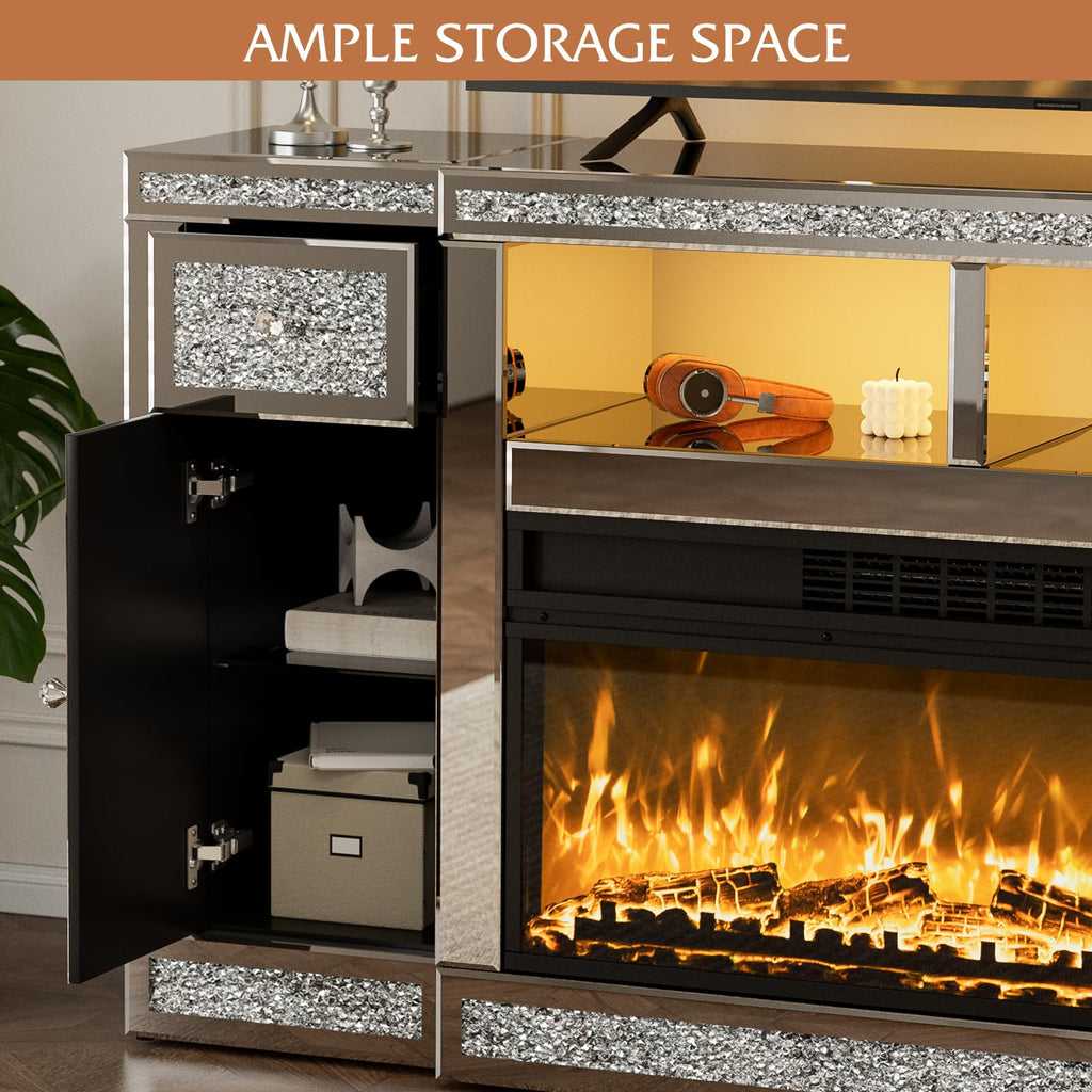 Mirrored Fireplace TV Stand with LED, Drawers, Cabinets & Shelves