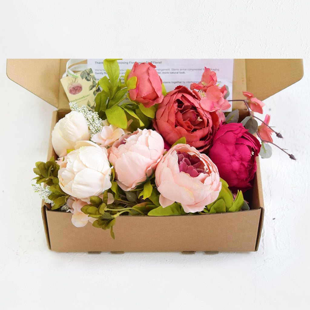 Pinkish Red and Dusty Pink Vintage Artificial Peonies Silk Flowers and Hydrangeas for Wedding Bridal Home Decor