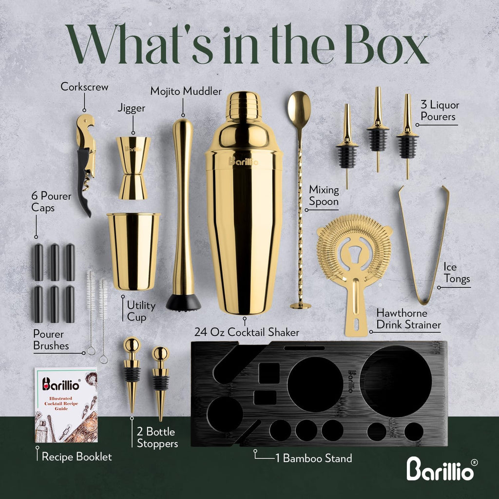 Gold Bartender Kit - Stainless-Steel Cocktail Shaker Set w/Black Bamboo Stand - Mixology Bar Tools w/Drink Shaker - Set of 23