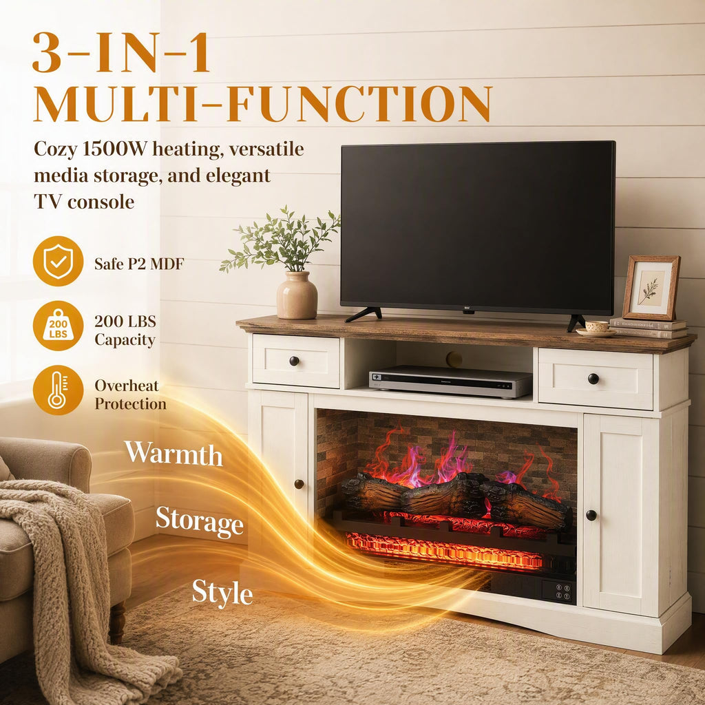 47" Fireplace TV Stand with 28" Electric Fireplace, White Media Console