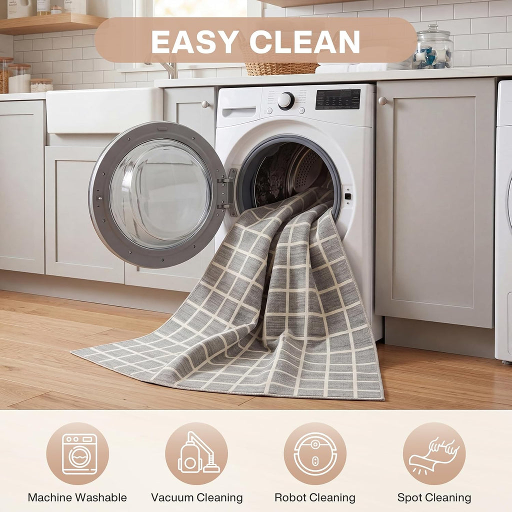 Grey Modern Plaid Geometric Washable Rug