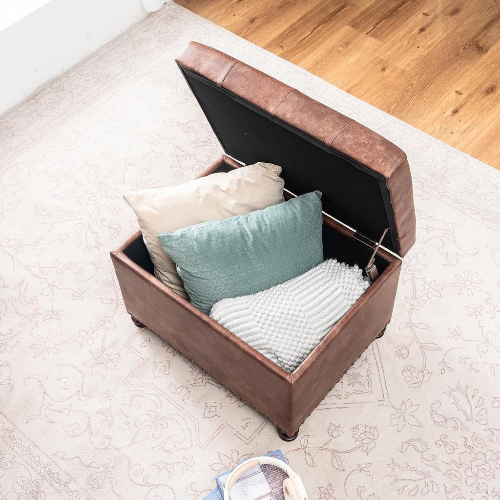 Leather Storage Ottoman, 24" Rectangle Tufted Square Upholstered Bench, Foot Rest Stool with Wood Legs, Footstool