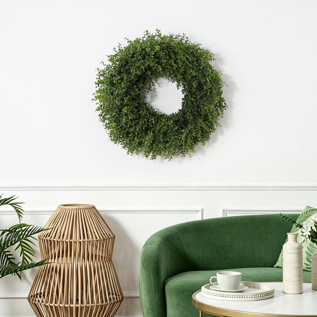 26'' Artificial Boxwood Wreath for Front Door, Small Leaves Wreath, Green