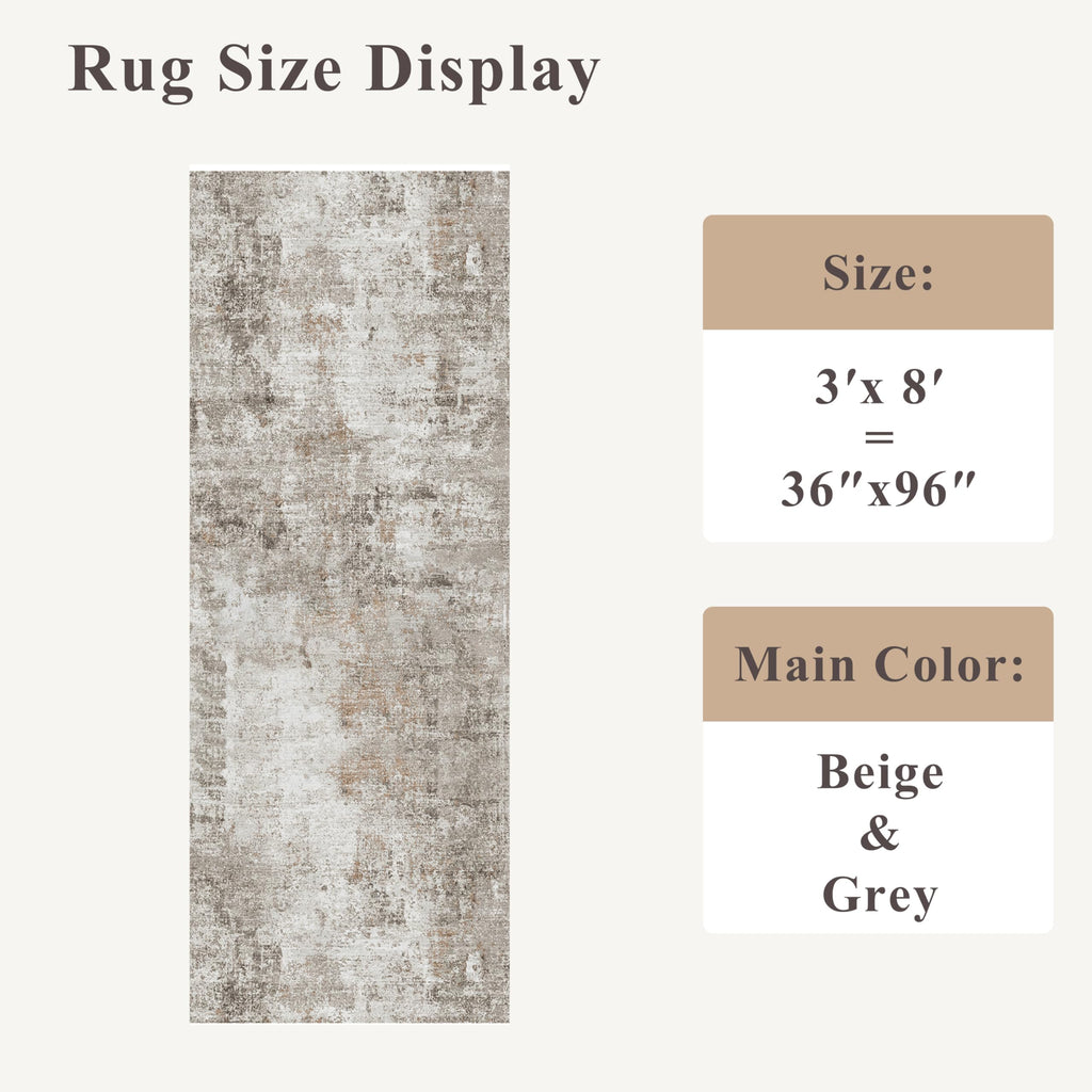 Washable Non Slip Runner Rug 3x8 - Hallway Runner Rug & Kitchen Carpet Runner - Modern Abstract Neutral Low Pile Area