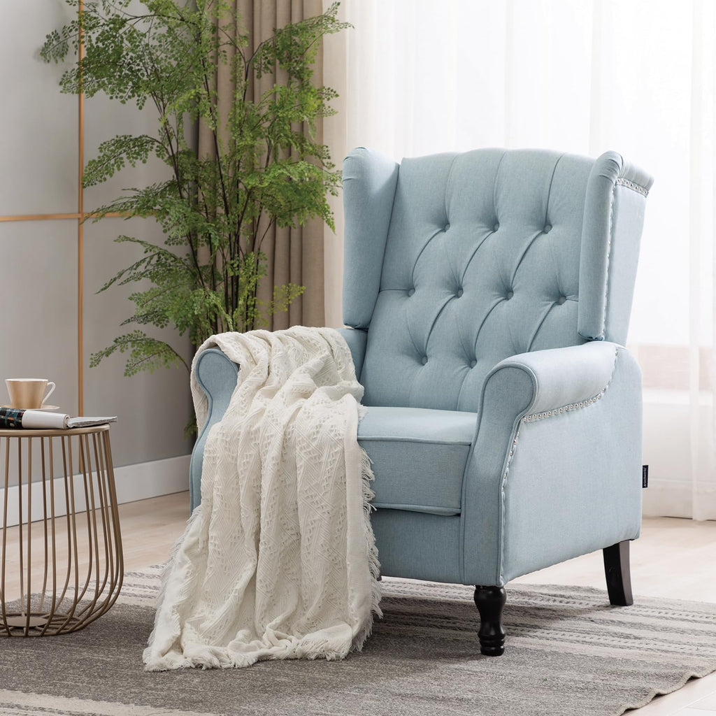 Pushback Recliner, Modern Accent Arm Reclining Sofa, Fabric Wingback Chair, Light Blue