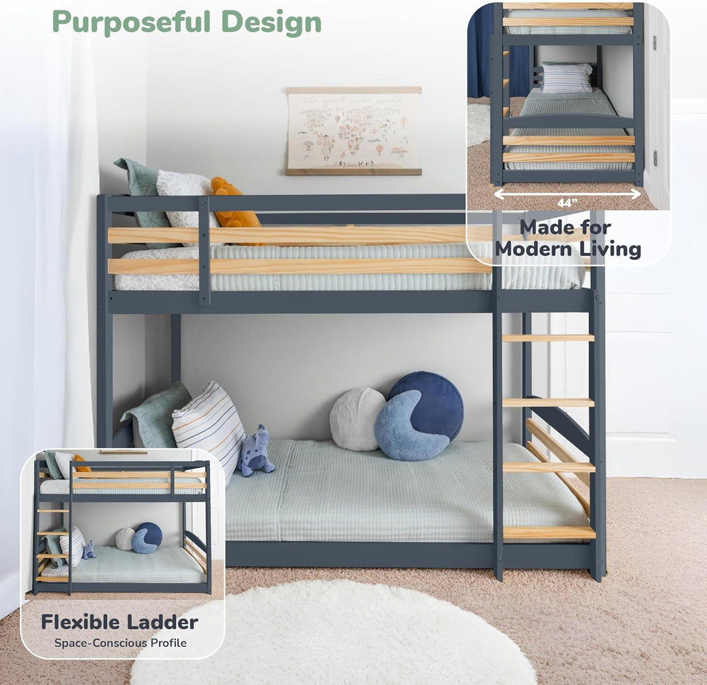 Low Bunk Bed Twin Over Twin with Unique Design for Kids and Toddlers
